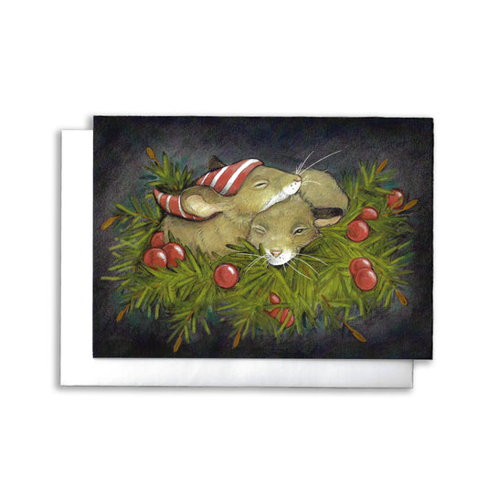two sweet mice wearing red and white sleeping hats, snuggling together on some green pine branches. Red berries surround them.