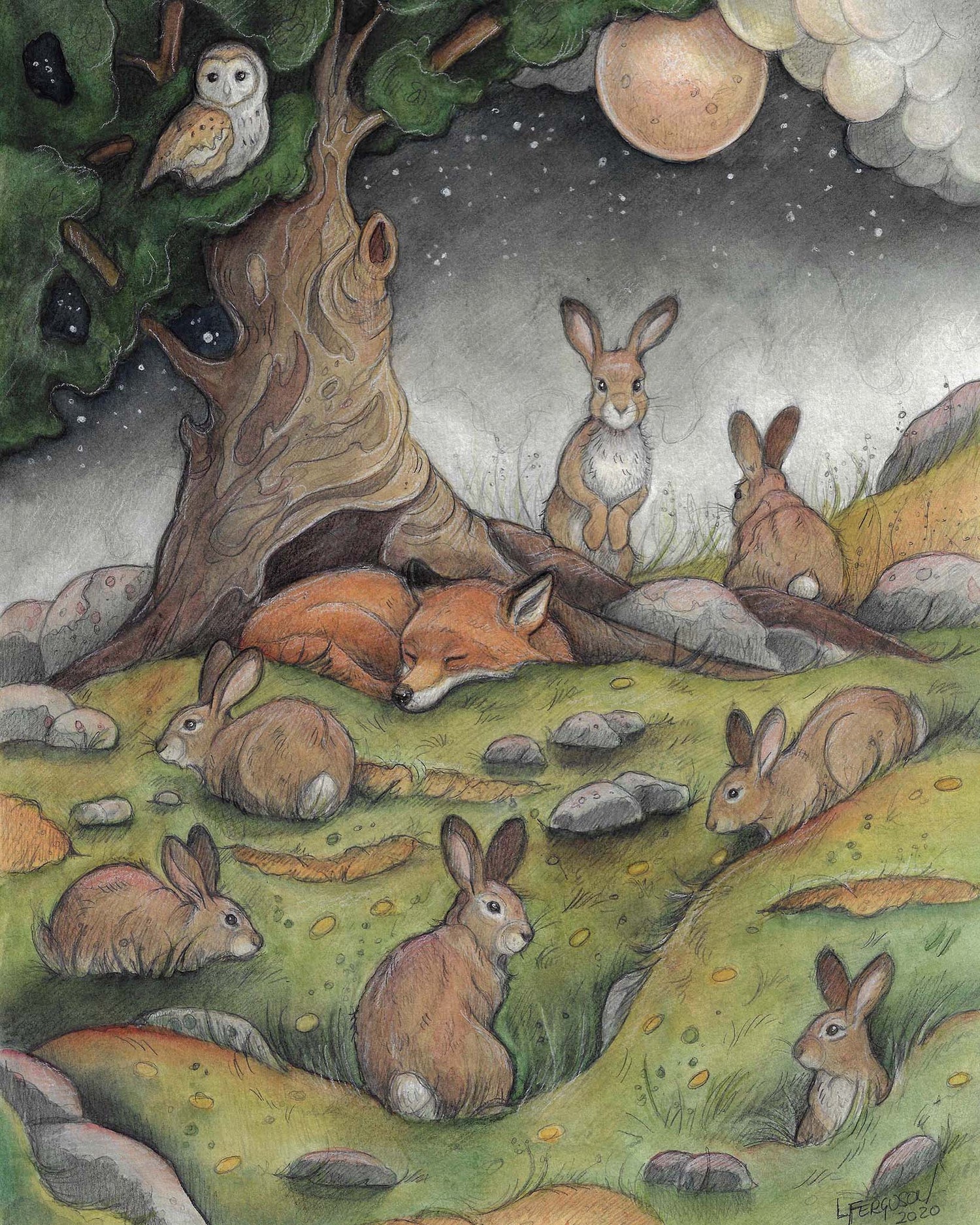 an 8"x10"  art print of a fox sleeping by a tree under a full moon. Many rabbits surround the sleeping fox . A barn owl sits in the tree.