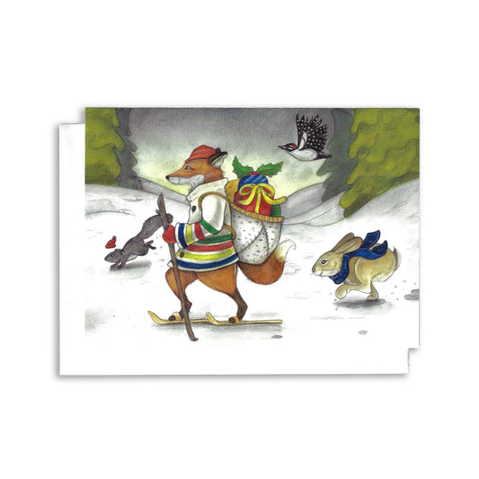 A whimsical illustration of a fox wearing a hudson bay coat and snow shoes on a journey through the snow. wearing a birch bark basket filled with presents. A rabbit, a squirrel and a woodpecker join in on the journey.