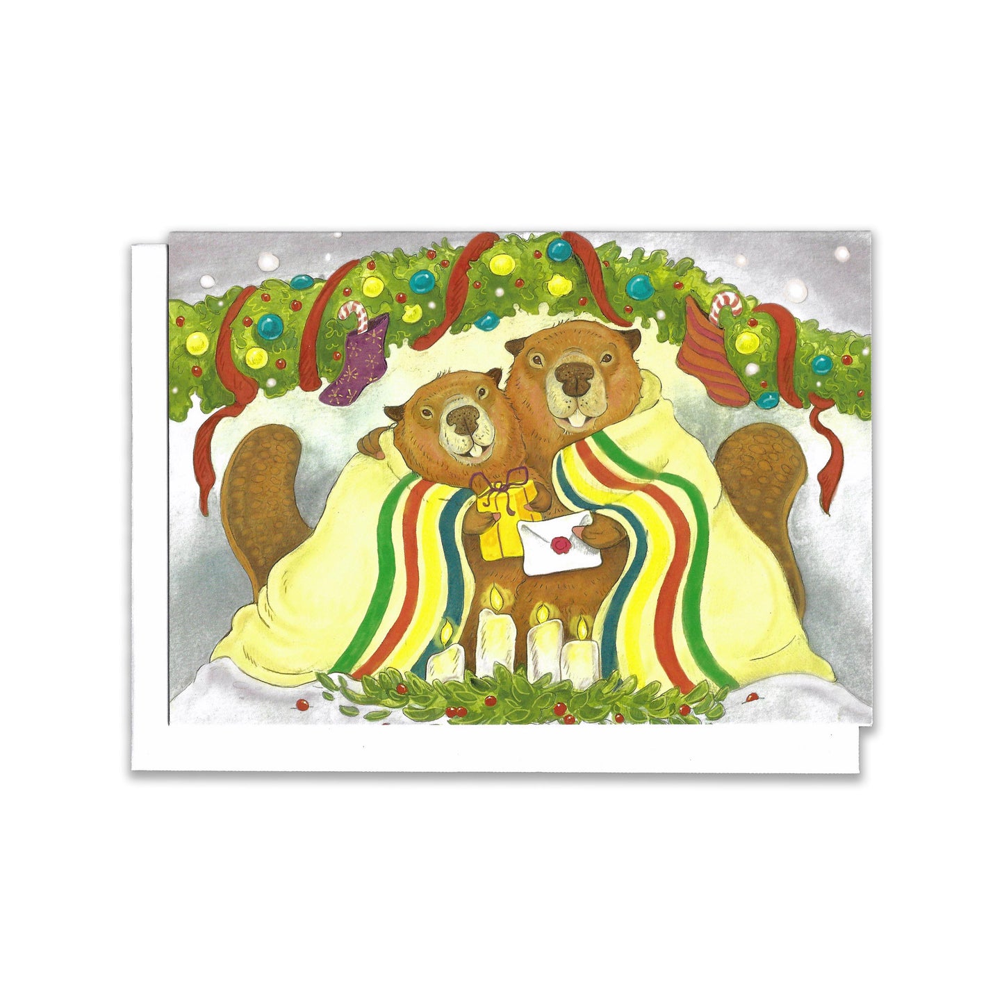 Illustrated greeting card of two beavers holding gifts. Hudson Bay blanket drapes over them